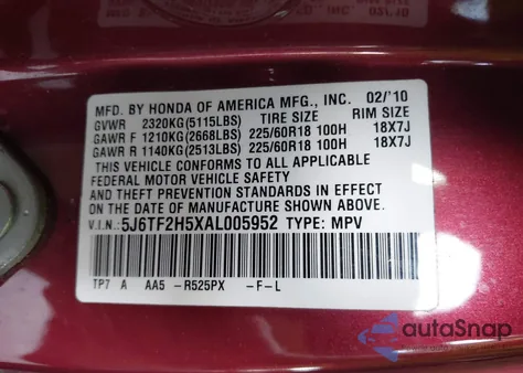 2010 Honda Accord Crosstour Ex-L z USA, uszkodzony, nr VIN 5J6TF2H5XAL005952